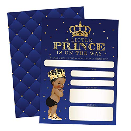 Yeegfeyv Little Prince Baby Shower Invitation, African American Boy Baby, 20 Invitations with envelopes