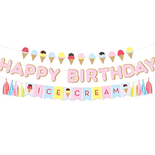 NICROLANDEE Glittery Happy Birthday Banner Flags Ice Cream Theme Paper Garland With Tassel for Kids Party Summer Baby Shower Decoration Supplies
