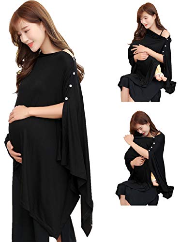 Black Nursing Cover Poncho for Breastfeeding Nursing Shawl Cover Ups Maternity Pregnancy Poncho Adjustable Buttons Breathable Bamboo Perfect Gift Idea