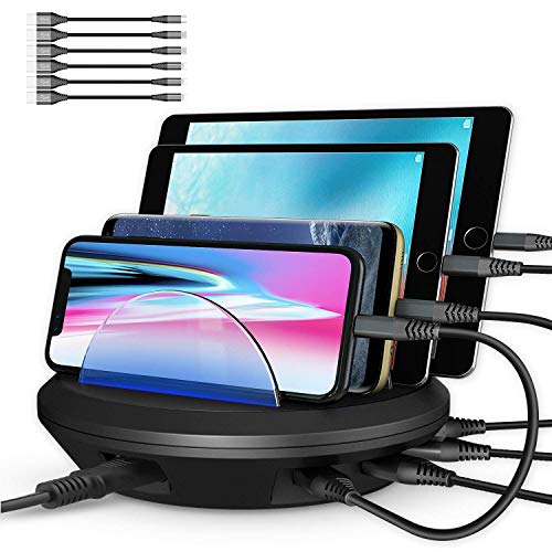 Charging Station, AHRISE Docking Station with 4 USB Ports and Phone Dock Stand Compatible Samsung, iPhone, Ipad, 6.8A/34W, 6-pcs Cables Included, ETL Certified, Black