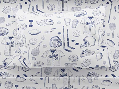 Book Cover Where The Polka Dots Roam Sports Sheet Set Twin Size with Basketball, Football, Tennis, Hockey, Baseball, Soccer in Blue and White