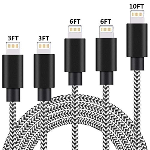 iPhone Cable,Sharllen MFi Certified Lightning Cables 3/3/6/6/10FT Nylon Braided iPhone Charging Cord Fast USB Charging&Syncing Cord Compatible iPhone Charger XS/Max/XR/X/8 P/8/7/7P/6/iPad 5 Pack Black