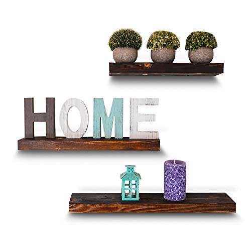 Torched Floating Shelves by East World - Set of 3 Rustic Wood Wall Shelf with Hardware! Easy to Install Shelving and Rustic Wall Decor - Bathroom Shelf, for Kitchen Wall Decor, Living Room, Bedrooms