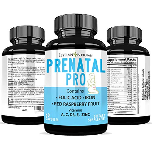 Prenatal Pro Multivitamin - Essential Nutrition for Mom and Baby, Daily Vitamin and Mineral Supplement, Folic Acid, Red Raspberry Fruit Iron, Vegetarian - 60 Capsules