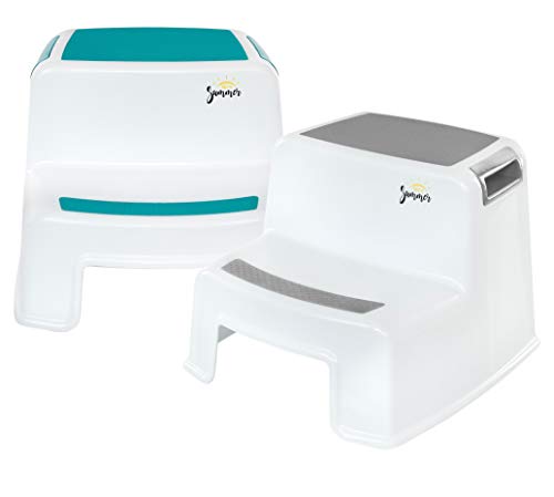 2 Step Stool for Kids (2 Pack) | Grey & Teal | Dual Height Toddler Step Stool for Potty Training & Kid Step Stool for Kitchen and Bathroom Sink | Slip Resistant Grip for Safety | by Ashley Summer