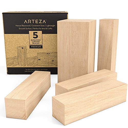 Book Cover Arteza Basswood Carving Blocks for Carving, Crafting and Whittling - 5 Piece Set with one 4
