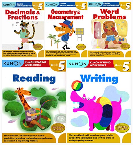 Kumon Workbooks Grade 5 Complete Set (5 Books) - Decimals&Fractions, Geometry&Measurement, Word Problems, Reading and Writing
