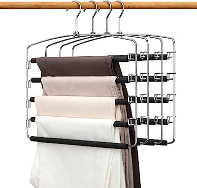 Clothes Pants Slack Hangers 5 Layers Non Slip Closet Storage Organizer Space Saving Hanger with Foam Padded Swing Arm for Pants Jeans Scarf Trousers Skirts (Updated Version-4pcs Black)