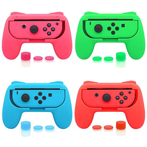 Book Cover 4 Pack FastSnail Joy-Con Grip Kit for Nintendo Switch, Wear-resistant Joy-con Grip Controller for Switch with 12 Thumb Grip Caps (Green Pink Blue and Red)