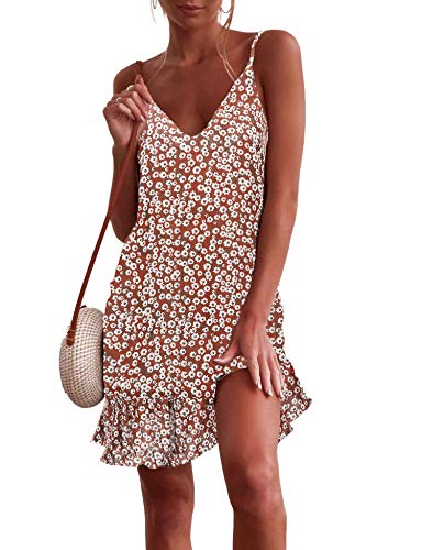 Relipop Women's Dresses Floral Print Spaghetti Straps V Neck Sleeveless Ruffle Hem Plain Dress