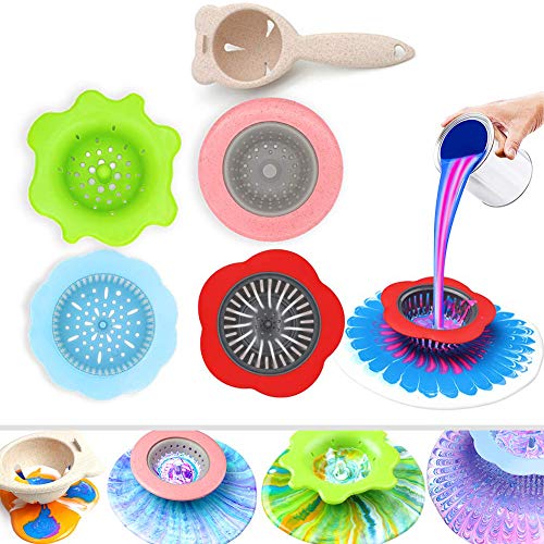 Book Cover Acrylic Pouring Strainers, Angela&Alex 5 PCS Painting Tools Flower Strainers Plastic Silicone Drain Basket Unique Pattern Train Art Supplies