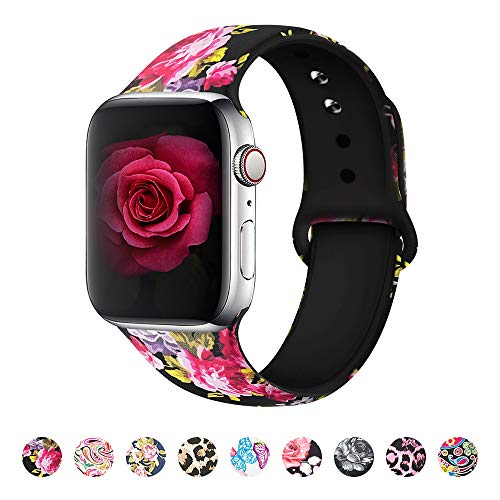MITERV Compatible with Apple Watch Band 38mm 40mm 42mm 44mm Soft Silicone Fadeless Pattern Printed Replacement Bands for iWatch Series 1,2,3,4,5 (Rose, 38mm/40mm S/M)