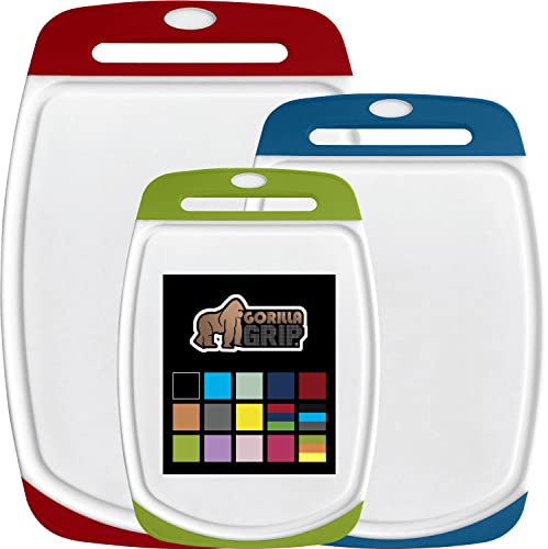 The Original Gorilla Grip Oversized 100% BPA Free Reversible Durable Kitchen Cutting Board Set of 3, Dishwasher Safe, Nonslip Handle Border Plastic Boards, Juice Grooves, Chopping Food, Cooking, Multi
