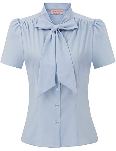 Book Cover Women Plus Size Bow Tie Neck Blouse Button Down Shirt Top XX-Large BP819-3, Light Blue