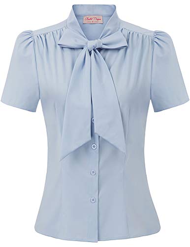 Women Plus Size Bow Tie Neck Blouse Button Down Shirt Top XX-Large BP819-3, Light Blue