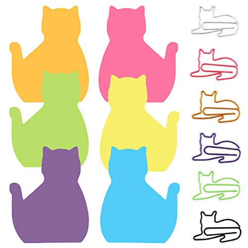 6 Color Cat Paper Clips and Silhouette Cat Sticky Notes Set, Cat Lover Gifts for Women, Cute Cat Office Supplies, Office Desk Accessories for Work School Office