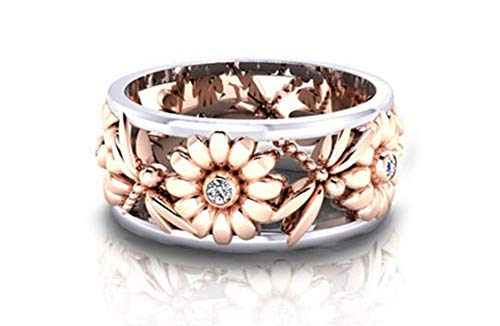 Aimys Silver Rings Women's Elegant Sunflower Dragonfly Hollow Finger Ring Band Jewelry Cubic Zirconia Ring with Side Stone Copper Leaf Eternity Band (10)