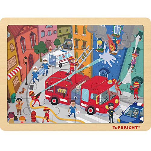 Book Cover TOP BRIGHT 24 Piece Puzzles for Kids Ages 3-5 - Fire Rescue Wooden Jigsaw Puzzle with Storage Tray