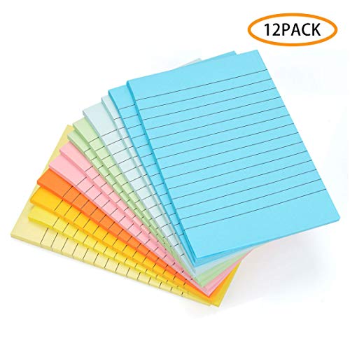 Book Cover Lined Sticky Notes, Super Sticky Note with Lines, 4 X 6 Inch, 50 Sheets/Pad, 8 Candy Colors, 12Pad