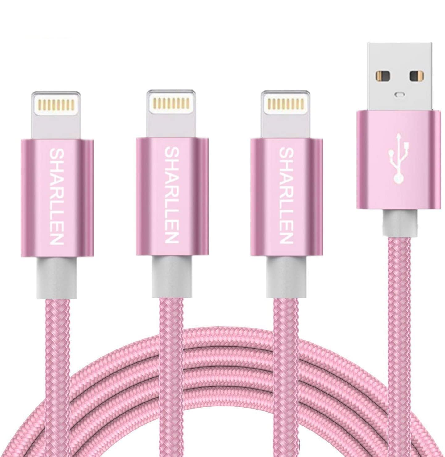 iPhone Charging Cable,SHARLLEN 6/6/6FT MFi Certified Nylon Braided Lightning Cables Fast USB Charging&Syncing Cord Compatible iPhone Charger XS/Max/XR/X/8P/8/7/7P/6/iPad/iPod 3 Pack (Rose Gold 6FT)