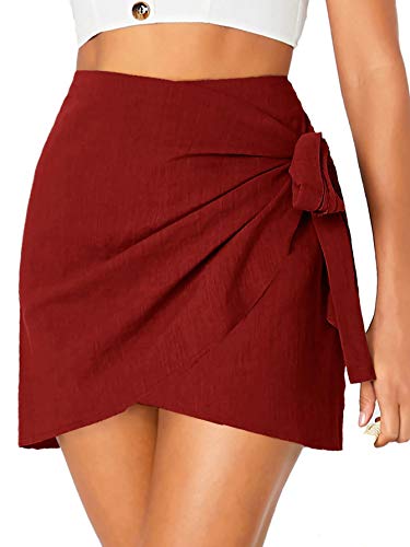 WDIRARA Women's Elegant Mid Waist Above Knee Tie Knot Side Overlap Front Wrap Skirt