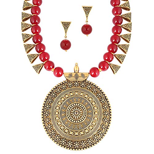 MUCH-MORE Indian Oxidized Colored Pearl Beaded Tribal Disk Necklace Set Traditional Jewelry For Women