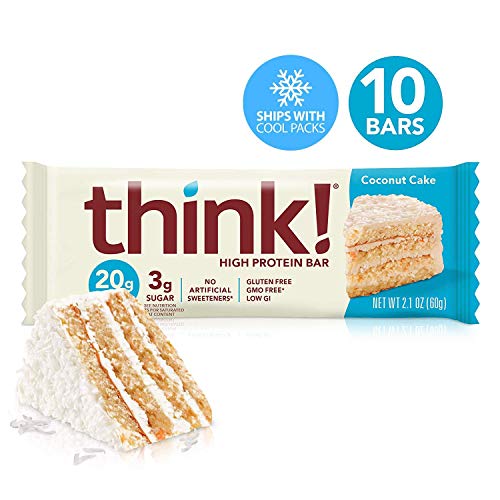 Think! (thinkThin) High Protein Bars - Coconut Cake, 20g Protein, 0g Sugar, No Artificial Sweeteners, Gluten Free, GMO Free*, (10 Count)