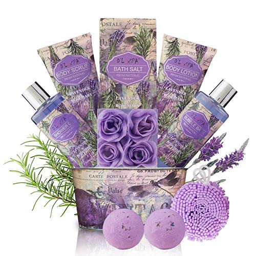 Relaxing Bath Gift Set for Women - Lavender and Rosemary Aromatherapy Basket at Home Spa Kit – Mothers Day Birthday Holiday Gift Ideas for Mom - 13 Pack with Bubble Bath Bombs Show Gel Body Lotion