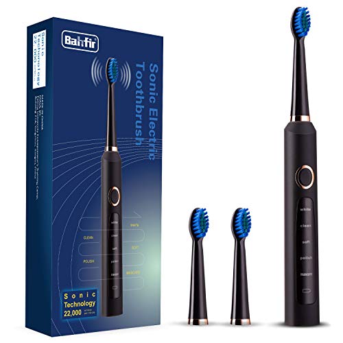 Sonic Electric Toothbrush Clean as Dentist Rechargeable 1 Time Charge 30 Days Use 5 Modes Waterproof 3 Replacement Heads with Smart Timer Black