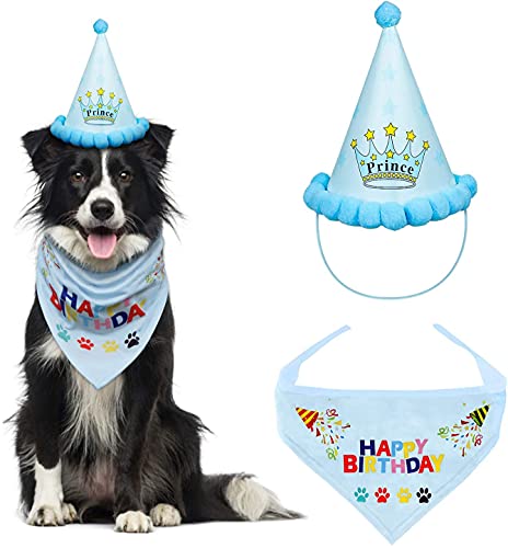 VIPITH Dog Birthday Bandana, Triangle Cotton Dog Scarf with Cute Doggie Birthday Party Hat, Great Puppy Dog Birthday Outfit, Gift and Party Decoration Set