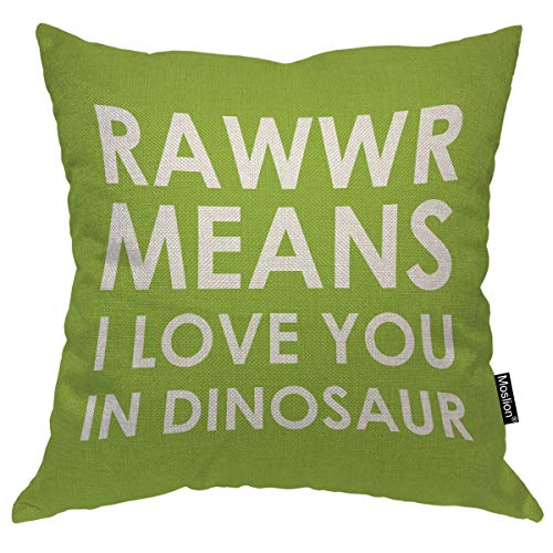 Book Cover Moslion Throw Pillow Cover Rawwr Means I Love You in Dinosaur 18x18 Inch Funny Cute Phrase Green White Square Pillow Case Cushion Cover for Home Car Decorative Cotton Linen