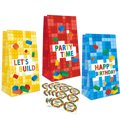 Kitticcino 24 Packs Building Blocks Goodie Candy Treat Bags, Color Bricks Theme Building Block Party Supplies, Kids Birthday Party Favor Bags, Including Thank You Stickers Spring Summer Gift