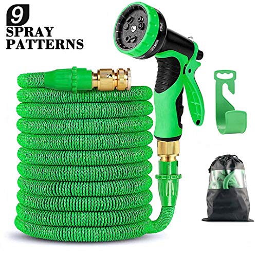 Expandable Garden Hose, Flexible Expanding Water Hose - 50ft Strongest Triple Latex Core with 3/4" Solid Brass Connector with Valve 9 Function Spray Nozzle Set Green