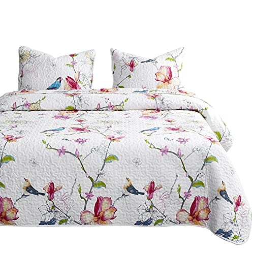 Wake In Cloud - Floral Quilt Set, Botanical Flowers and Birds Pattern Printed, 100% Cotton Fabric with Soft Microfiber Inner Fill Bedspread Coverlet Bedding (3pcs, Queen Size)