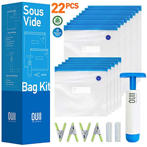 Book Cover OUII Sous Vide Bags for Joule and Anova Cookers - 15 Reusable BPA-Free Sous Vide Bags with Vacuum Hand Pump in Various Sizes -Vacuum Sealer Bags Food Storage Freezer Safe - Fits Any Sous Vide Machine