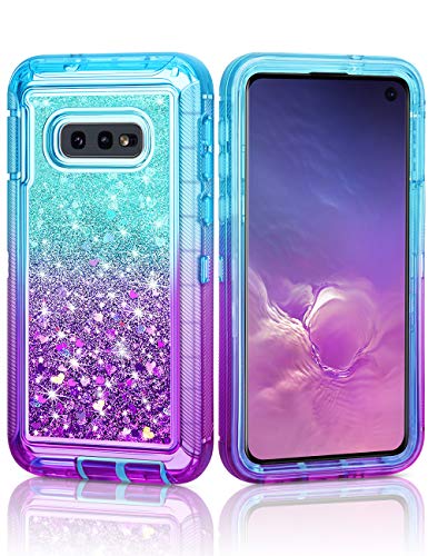 Book Cover CHEERINGARY Case for Galaxy S10e Case Flowing 3D Quicksand Liquid Glitter Heavy Duty 3in1 Shockproof Hard PC Case Gradient Nonslip TPU Bumper Cover for Samsung Galaxy S10e 5.8 Inches,Lake Blue Purple