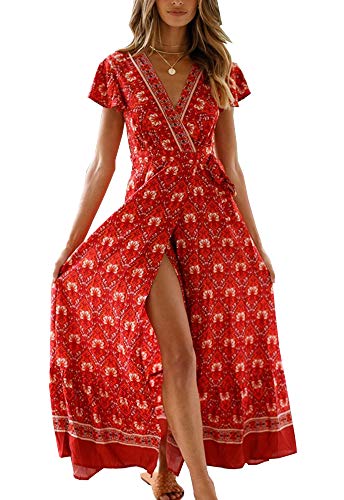 PRETTYGARDEN Women's Summer V Neck Wrap Vintage Floral Print Short Sleeve Split Belted Flowy Boho Beach Long Dress (130 Red, Large)