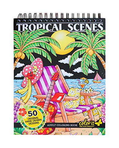 Book Cover ColorIt Colorful Tropical Scenes Adult Coloring Book - 50 Single-Sided Designs, Thick Smooth Paper, Lay Flat Hardback Covers, Spiral Bound, USA Printed, Tropical Pages to Color