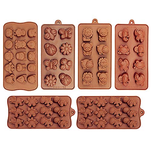 6 Pack Silicone Baking Molds, Dinosaur Chocolate Mold, Forest Theme Animal Mould with Shape of Dinosaur,Bear,Lion,Bee,Butterfly,frog,fox Etc food grade molds for Cake Candy Chocolate Jelly Ice Cube Sm