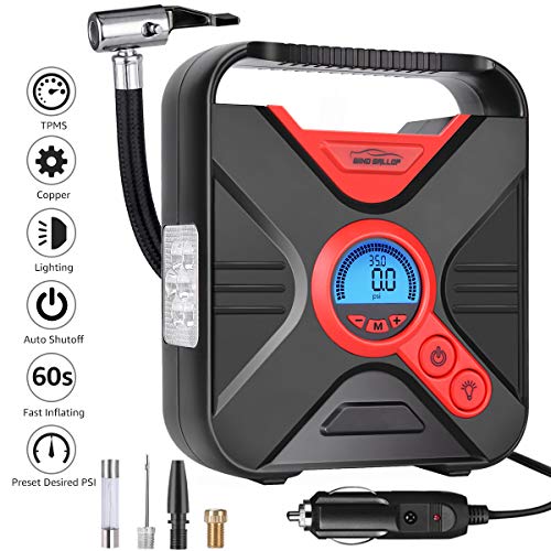 Portable AIR Compressor Tire Inflator WindGallop Car Air Pump with Digital Preset Pressure Gauge Auto Shut Off DC 12V Extra Valve Adaptors LED Light For Car Tyre Basketball Motorbike Bicycle Pool Toys