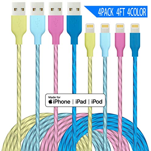 IDiSON 4Pack 4Color 4ft Apple MFi Certified iPhone Lightning Cable Unbreakable Fast Charger Cable Compatible iPhone 11 Pro X XR XS MAX 8 Plus 7 6s 5s 5c Air iPad Mini iPod (Green Orange Blue Yellow)