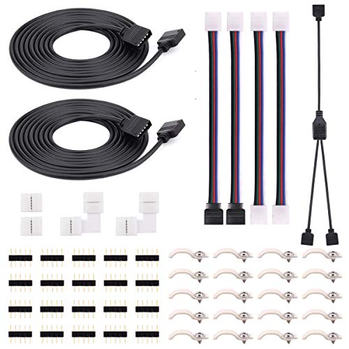 5Pin 10MM LED Strip Connector Kit with 2 Way RGBW Splitter Cable, 6.6ft RGBW Extension Cable, Strip to RGBW Controller Jumper, LED strip to strip Jumper, L Shape Connectors, Gapless Connectors