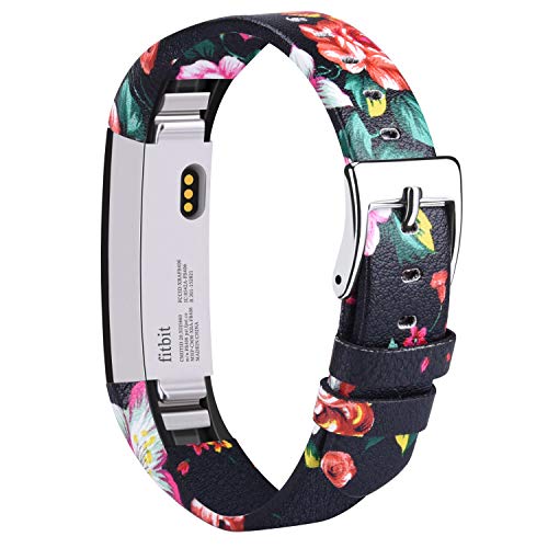 Vancle Leather Bands Compatible with Fitbit Alta/Fitbit Alta HR for Women Men, Adjustable Replacement Accessories Strap with Buckle for Fitbit Alta and Fitbit Alta HR (.Floral Red)