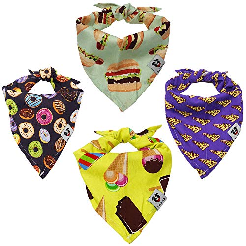 Dog Bandana Food Edition - 4 Pack Durable Dog Scarf with Double-Stitched Edges and 4 Unique Patterns - Dog Bandanas Ideal for Most Sized Dogs and Made with 100% Cotton