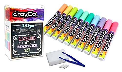 DRAYCO Art 10pc Liquid Chalk Markers Set | Vintage Pastel Colors | 5mm Reversible Bullet or Chisel Tips | For Whiteboard, Chalkboard Signs, Menu Boards, Windows | Erasable Non-Toxic Water-Based Pens