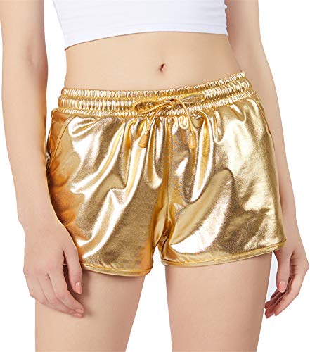 POSHDIVAH Metallic Shorts for Women Hot Sparkly Shiny Shorts with Elastic Drawstring