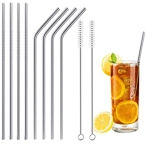 Book Cover Acerich Set of 8 Stainless Steel Straws Reusable Metal Drinking Straws for 30 oz & 20 oz Tumblers Cups(4 Straight + 4 Bent +2 Cleaning Brushes)