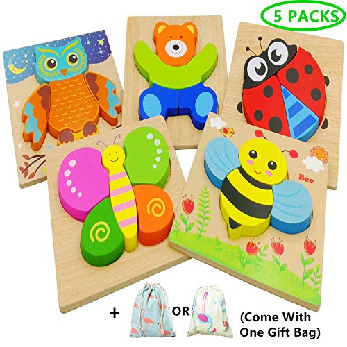 Diojilad Wooden Jigsaw Puzzles for Toddlers Educational Toys for 1 2 3 Years Old, Color Shapes Cognition Skill Learning Toys with 5 Cute Animal Puzzles for Girls & Boys