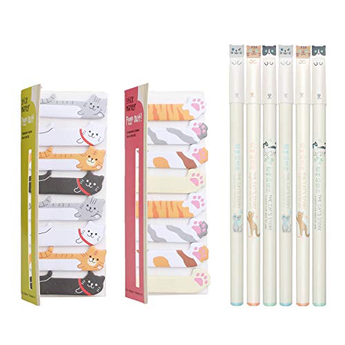 Cat Cute Pens & Sticky Flags Set, Japanese Stationery pens Set, 6 Pens + 240 Sticky Tabs Notes Page Flags Index for Cat Lovers, Cute Office Supplies, Kawaii School Supplies