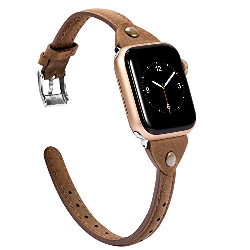 Book Cover Wearlizer Scrub Deep Brown Leather Compatible with Apple Watch Thin Leather Band 38mm 40mm 41mm for iWatch SE Women Men Stylish Narrow Strap Rivet Cute Wristband (Silver Clasp) Series 8 7 6 5 4 3 2 1
